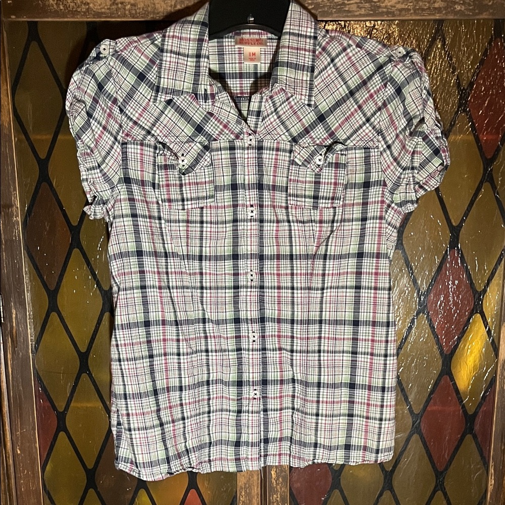 Mossimo Supply Co. Green/blue/purple Plaid Short Sleeve Button-Up Shirt